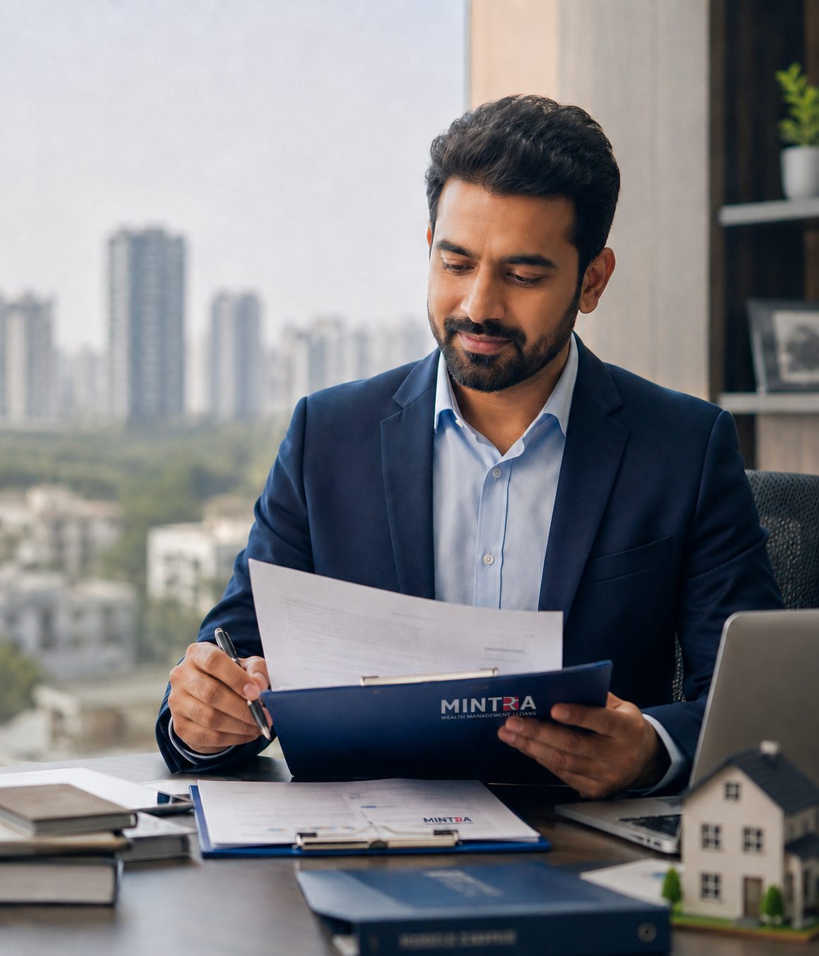 Mintra loan advisor reviewing a home-loan file with a Hyderabad residential building in the background